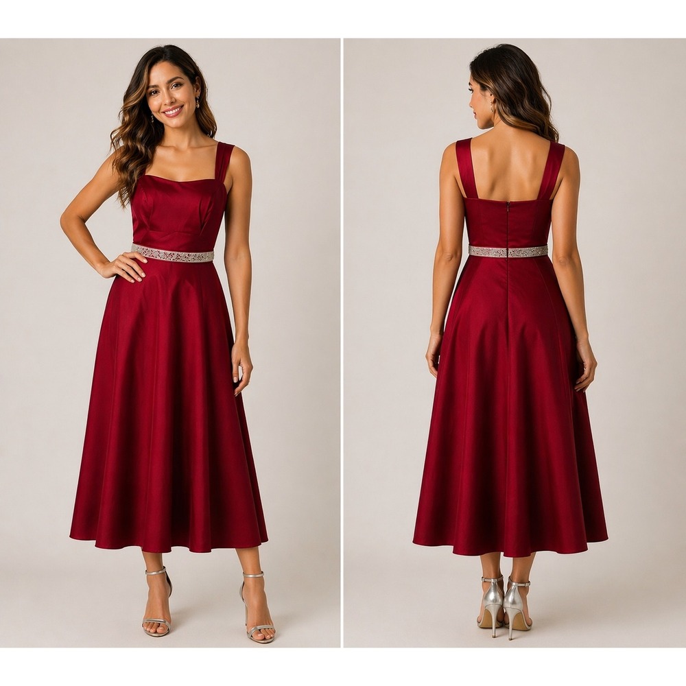 David's Bridal Midi Dress Women 6 Red Satin Embellished A-Line Square Neck